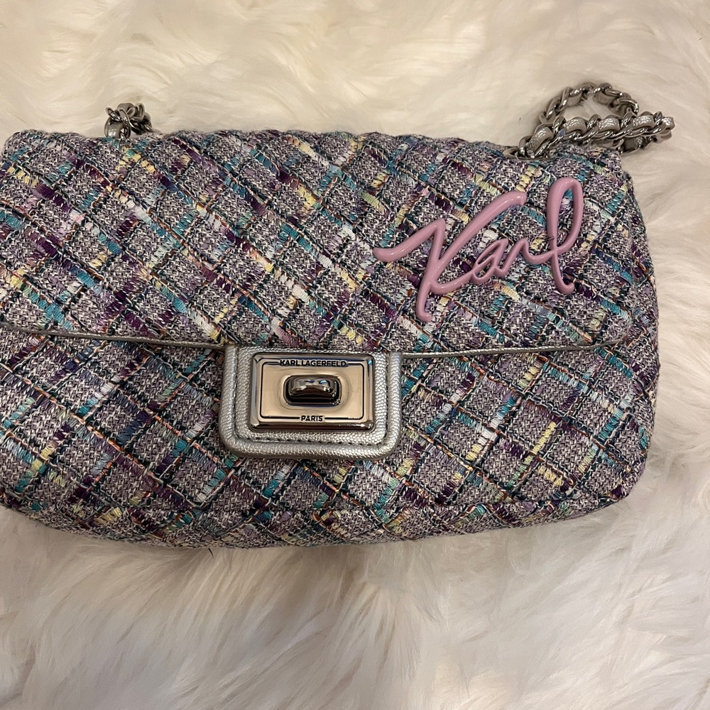 Karl Lagerfeld Tweed Shoulder Bag in Purple, Pink, Teal